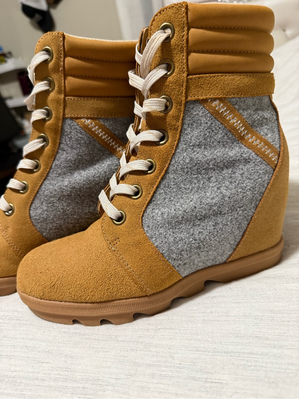 Serra Lace-Up Wedge Ankle Boots in Mustard and Gray